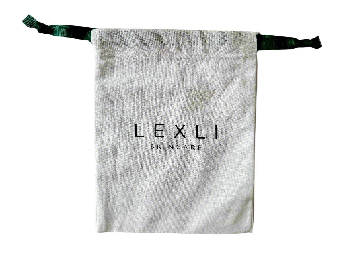 white bag with Lexli logo and green drawstrings outstretched