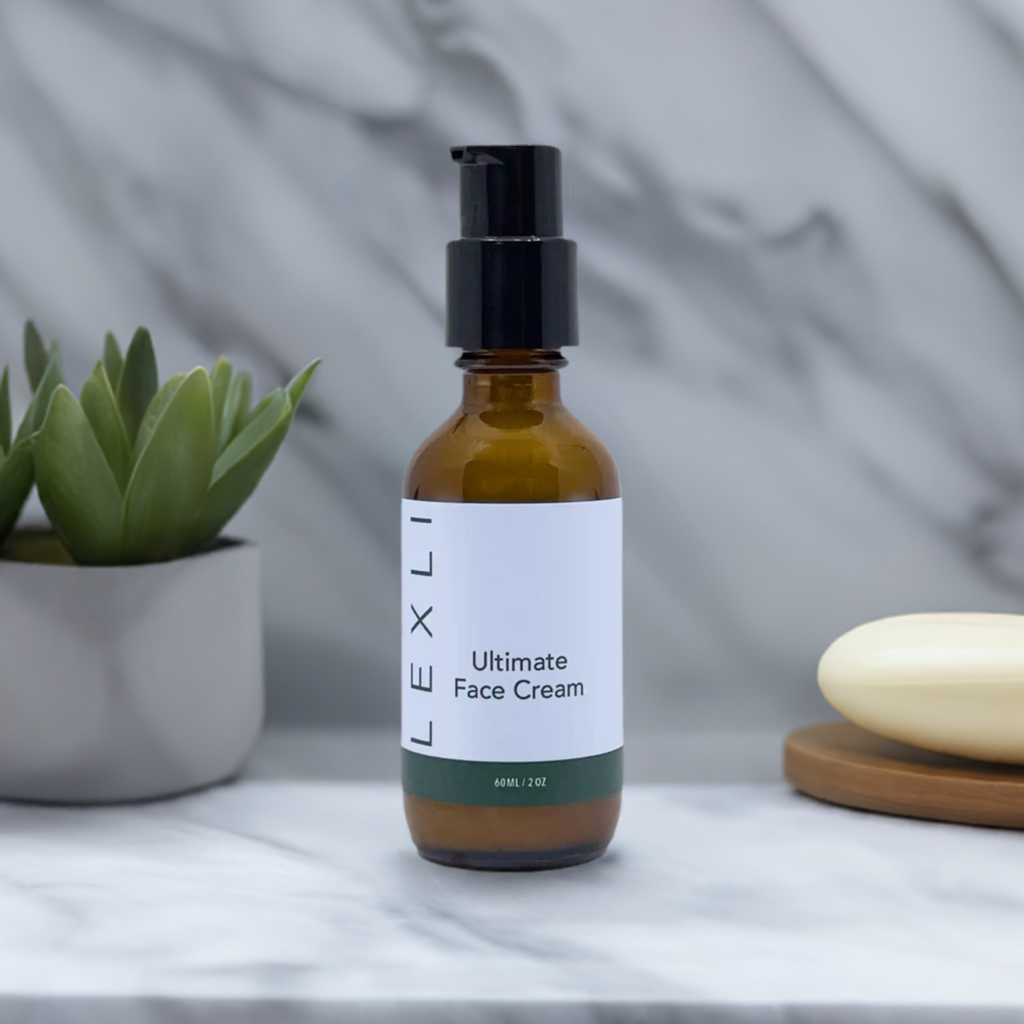 2 oz bottle of Ultimate Face Cream on a bathroom vanity