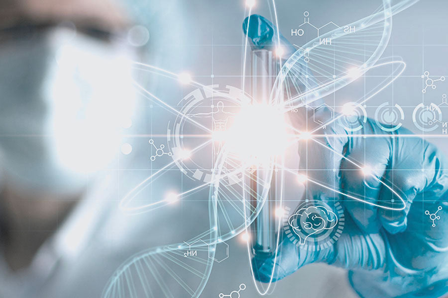 scientific-looking calculations with a blue gloved hand