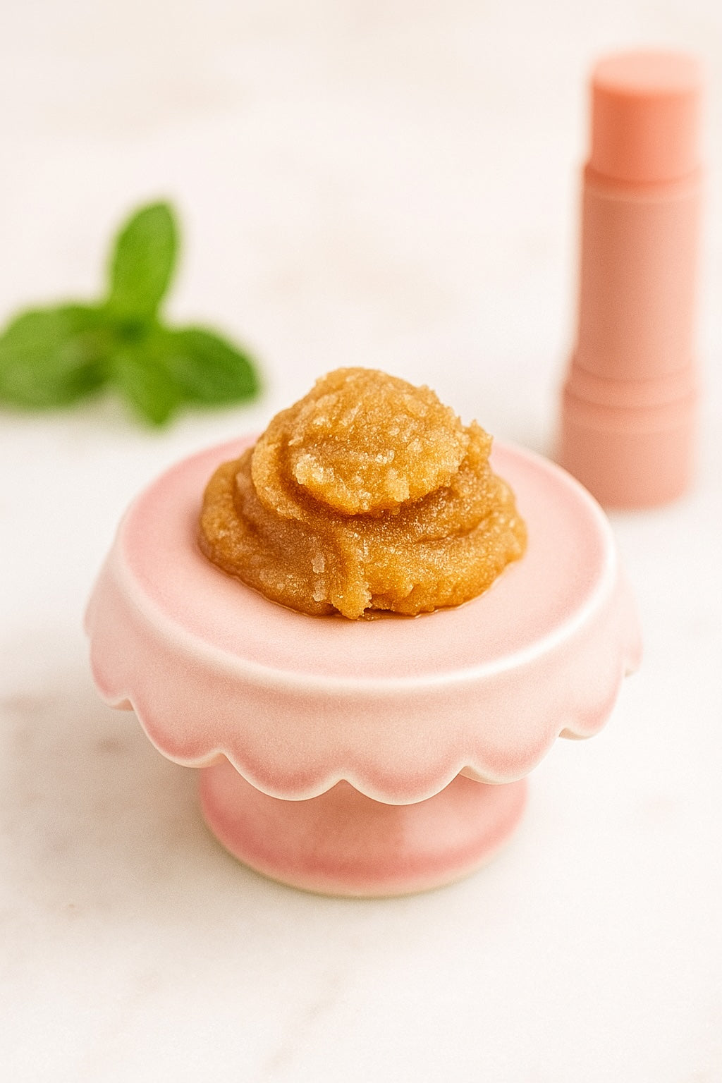 Photo of homemade lip scrub on a pink dish. Blog explains how to exfoliate lips.