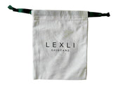 white bag with Lexli logo and green drawstrings outstretched