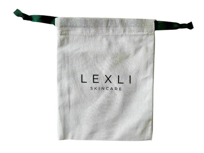 white bag with Lexli logo and green drawstrings outstretched