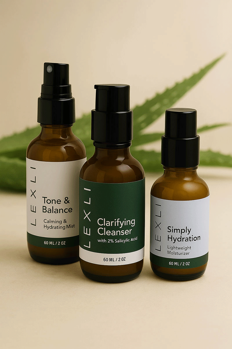 Three Lexli skincare products on a beige background with green leaves.