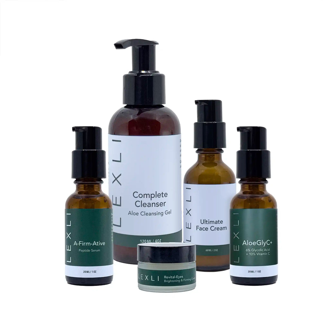 4 bottles and 1 jar with green or blue labels