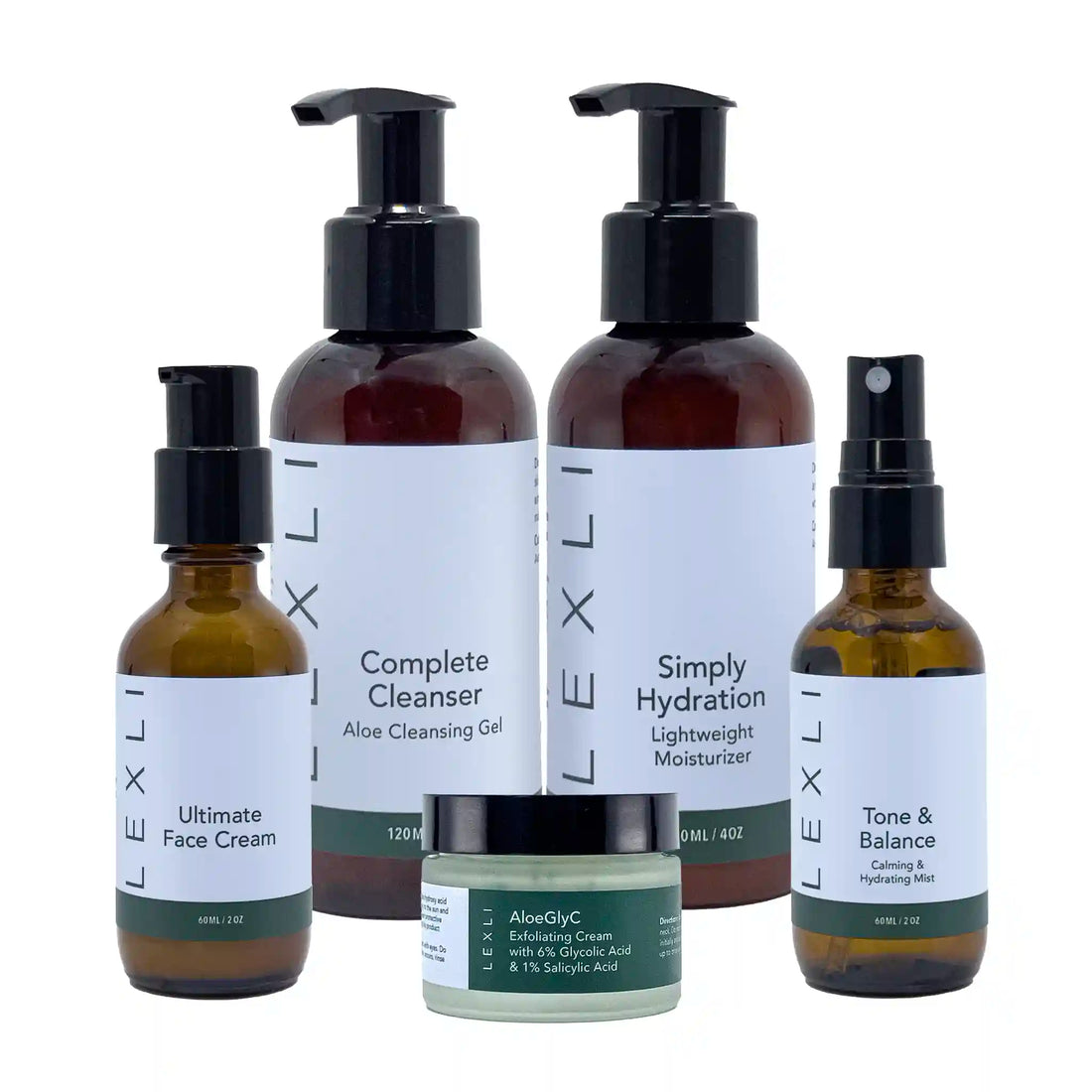 four bottles with blue labels and one jar with a green label
