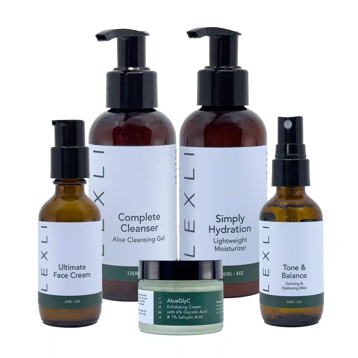 four bottles with blue labels and one jar with a green label