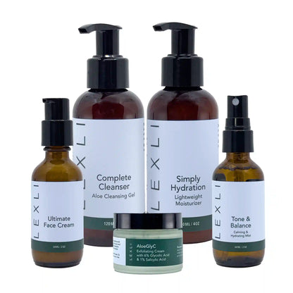 four bottles with blue labels and one jar with a green label