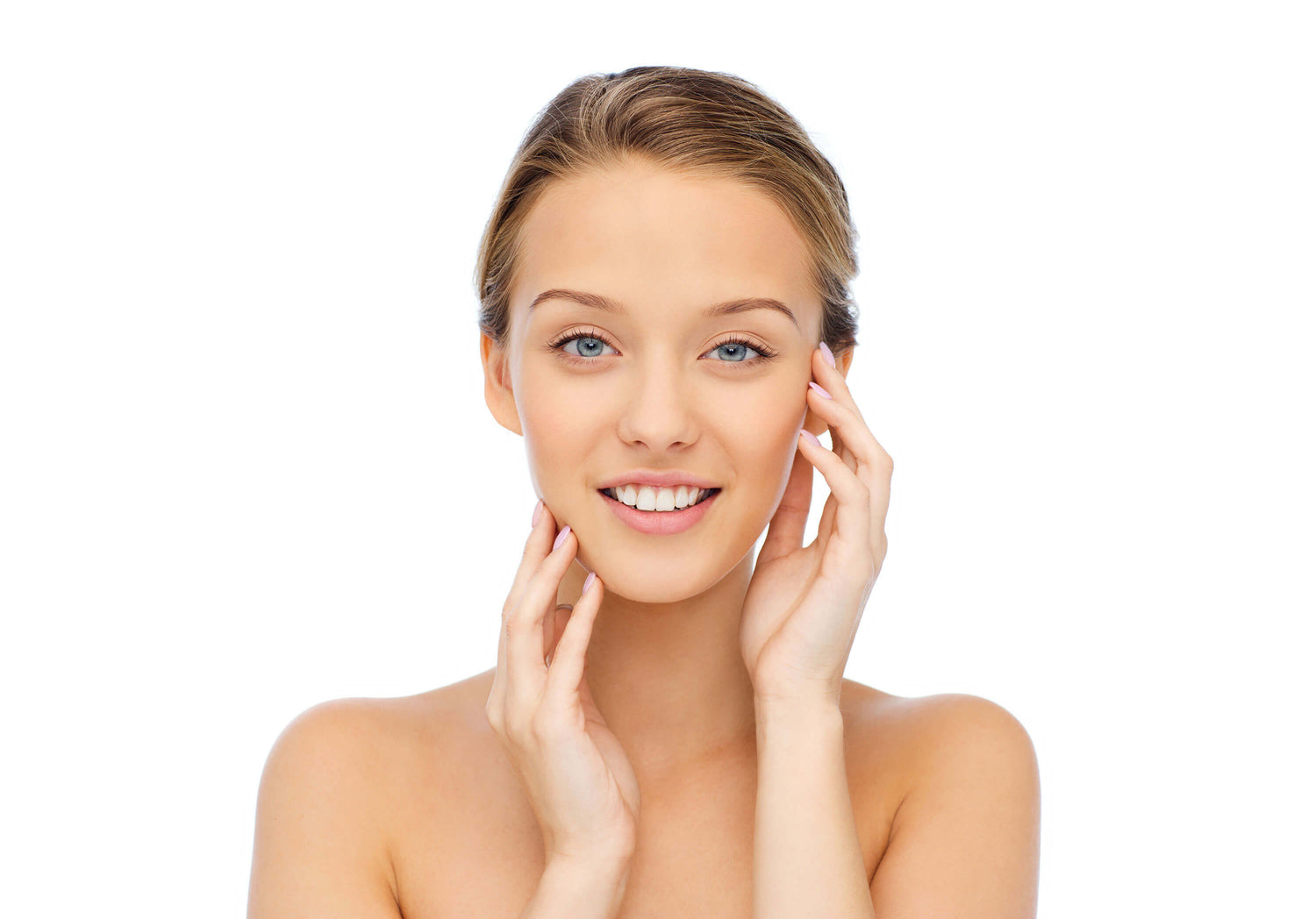 young woman smiling with her hands touching the sides of her face