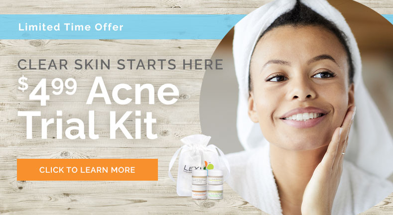 young woman looking at her skin next to an offer for a $4.99 Lexli Acne Trial Kit