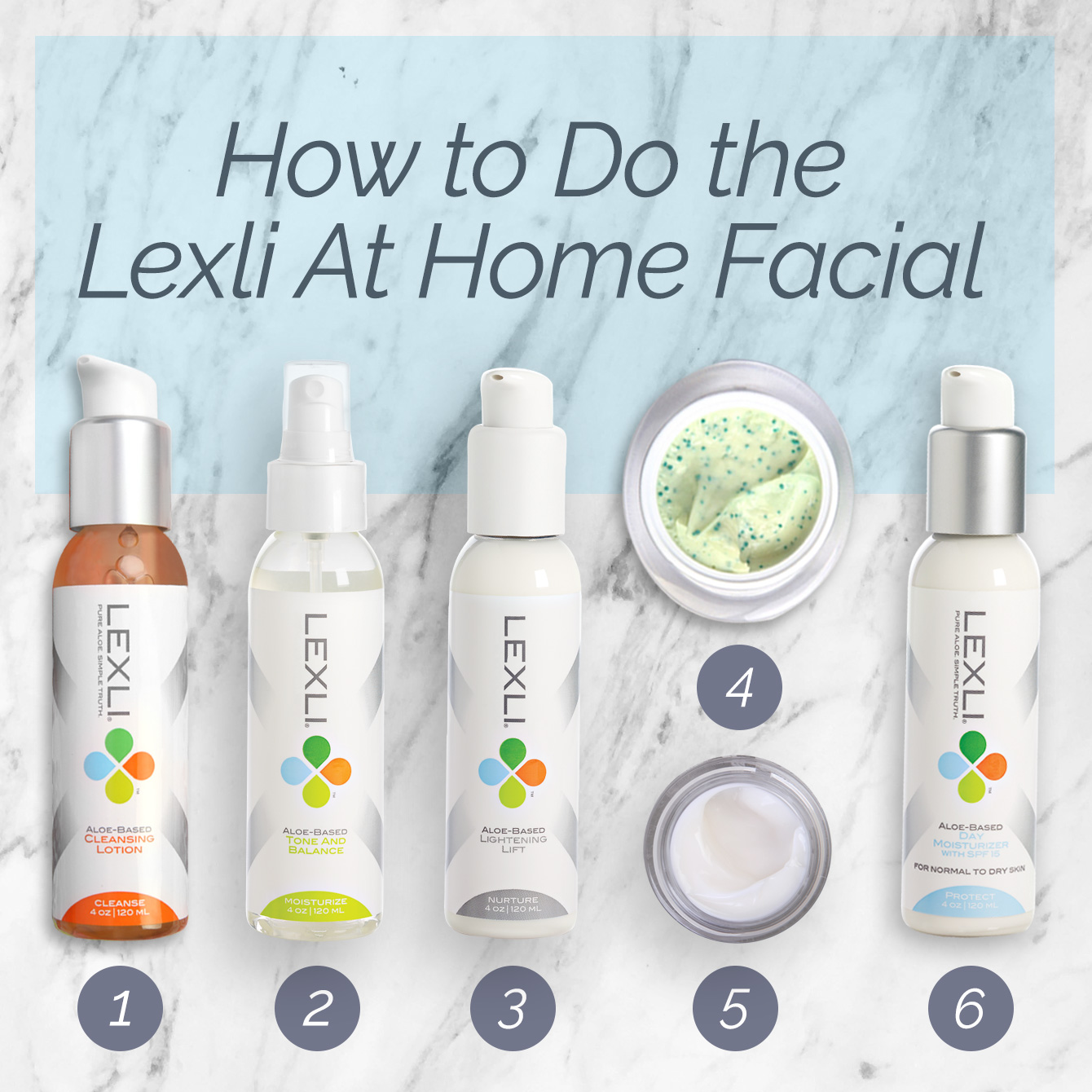 The products in the Lexli At-home Facial: Cleansing Lotoin, Tone & Balance, Lightening Lift, AloeGlyC, Revital-Eyes and Day Moisturizer with SPF 15